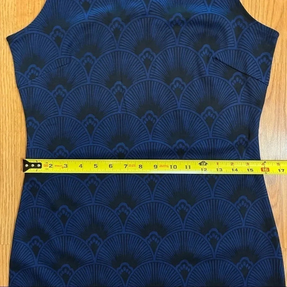 H&M NWT Fan Blue Black Sleeveless Midi Dress Sheath Bodycon Zipper - Picture 9 of 13